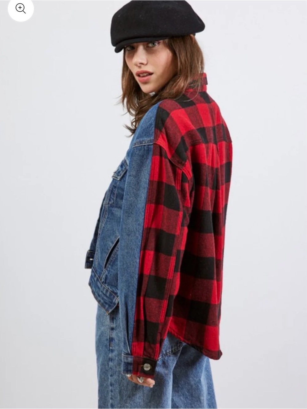 Classic Blue Denim Jacket with Red Plaid Sleeve Detail - Picture 3 of 4